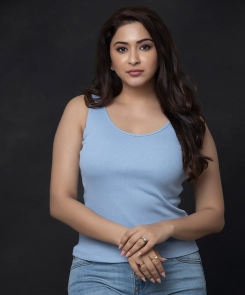 Rib Curved V-Neck Cami T-shirt- Light Blue